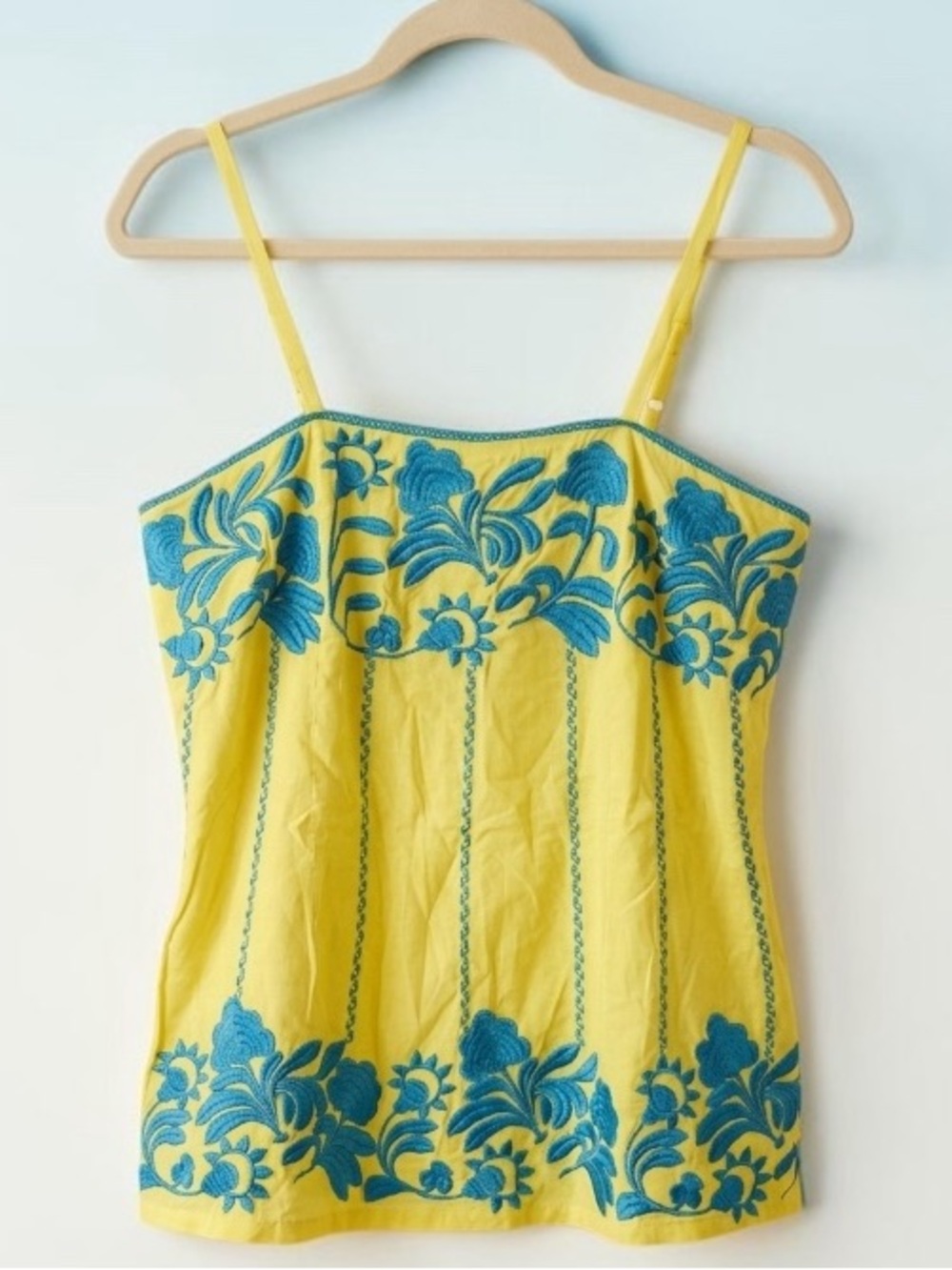 Boston Proper Yellow/Blue Folkloric Floral Embroidered Boho Cami Tank Top Size M